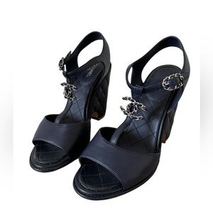CHANEL Lambskin Leather CC Sandals navy